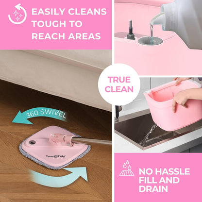 TRUE & TIDY Square Spin Mop & Bucket System – Dual Chamber for Clean & Dirty Water, 360° Rotating Self-Wringing Mop with Built-in Scrub Brush, Stainless Steel Handle & 2 Reusable Microfiber Mop Pads