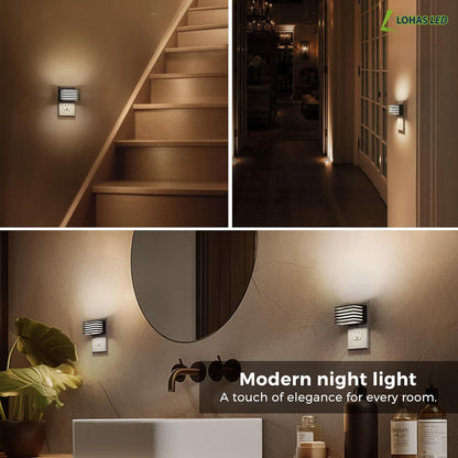L LOHAS LED Motion Sensor Night Lights, [2 Pack] Dimmable Night Light Plug into Wall with Dusk-to-Dawn Sensor, Adjustable Brightness, 3000K Plug in Nightlight for Bedroom Bathroom Hallway (Black)