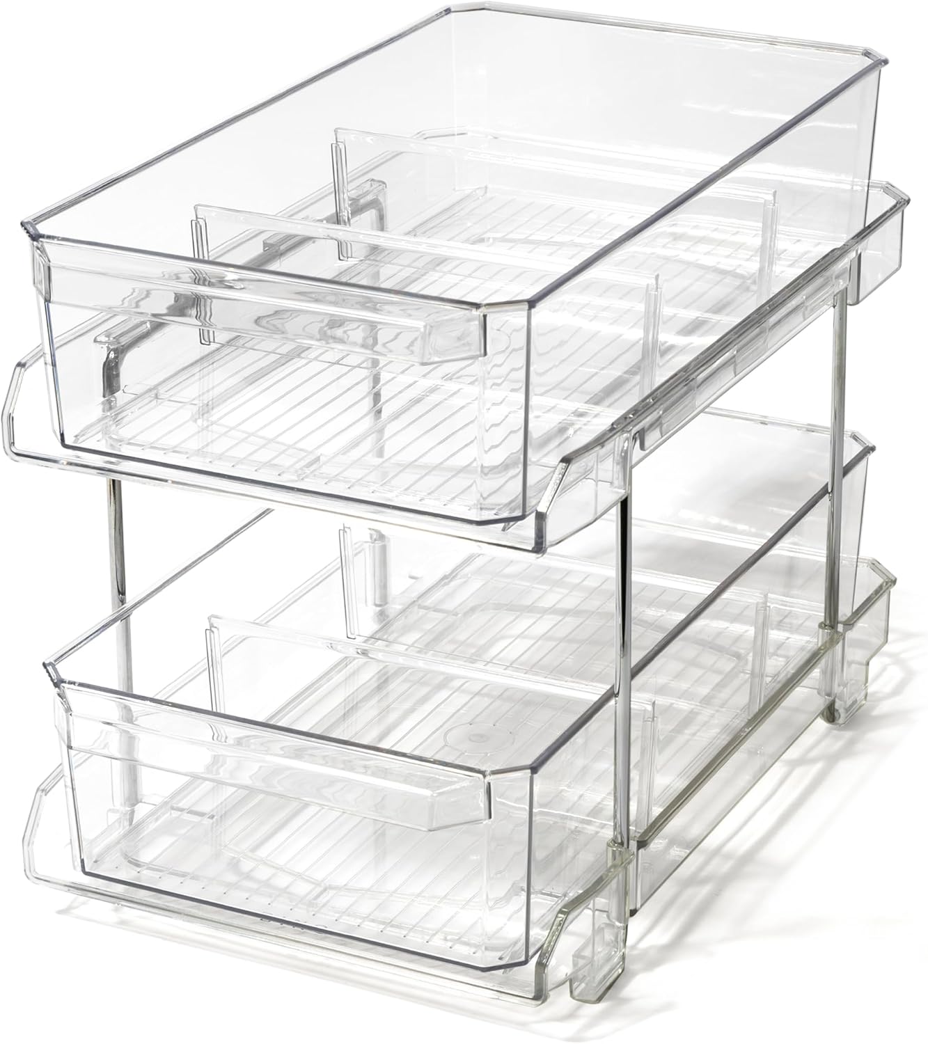 BINO 2 Tier Clear Storage Organizer with Dividers | Slide Out Drawer for Under Sink or Medicine Cabinet | Bathroom Closet, Vanity, Pantry Organizer | Under Cabinet Storage for Bathroom and Kitchen