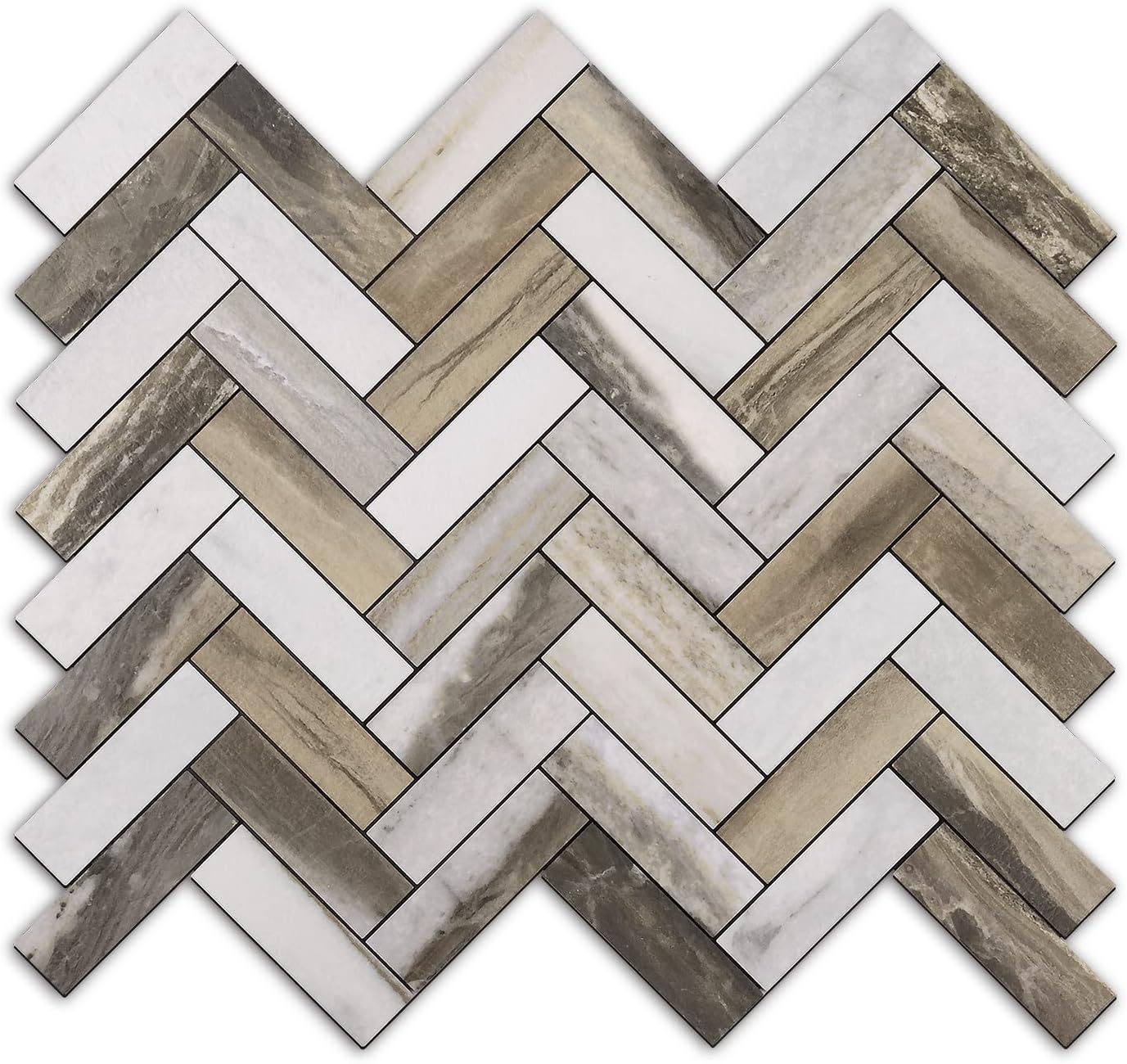 STICKGOO 10 Sheets Herringbone Peel and Stick Backsplash, Stick on Aluminum Composite PVC Kitchen Backsplash, Marble White Mixed Light Grey Look Self Adhesive Wall Tiles