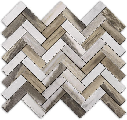 STICKGOO 10 Sheets Herringbone Peel and Stick Backsplash, Stick on Aluminum Composite PVC Kitchen Backsplash, Marble White Mixed Light Grey Look Self Adhesive Wall Tiles