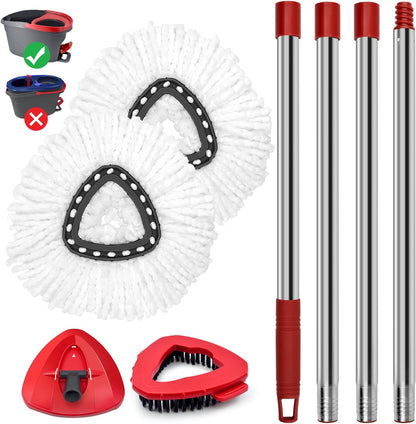 Mop Replace Heads Mop Handle and Base Replacement for O Cedar EasyWring 1-Tank Spin Mop System, 2 Microfiber Mops Refills, 4-Section Iron Mop Handle 30-58Inch and 1 Mopping Heads Cover Set (No Bucket)