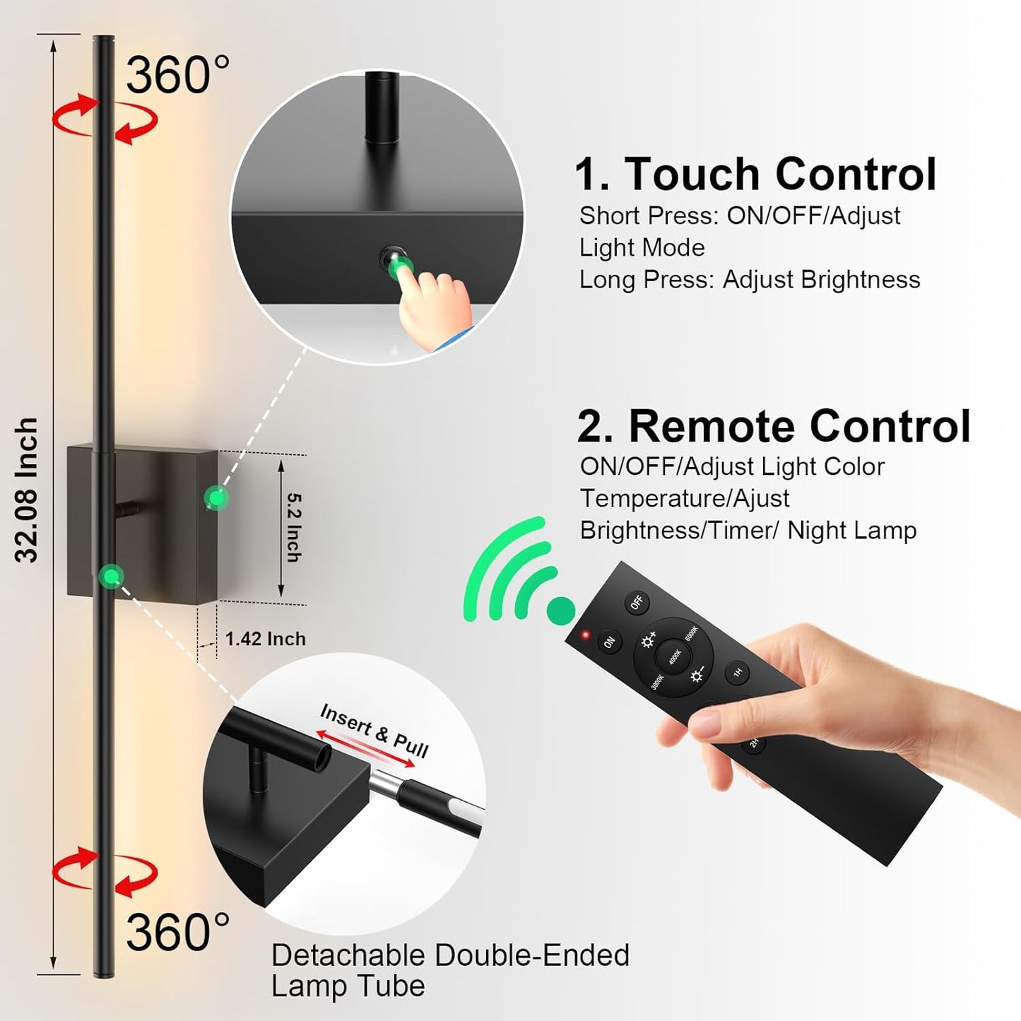 Tartek Battery Operated Wall Sconces Set of Two, Rechargeable Wall Lights with Remote Control, Dimmable 3000K-6000K LED Wall Lamp, 360°Rotate, Long Wireless Sconces for Living Room, Bedroom