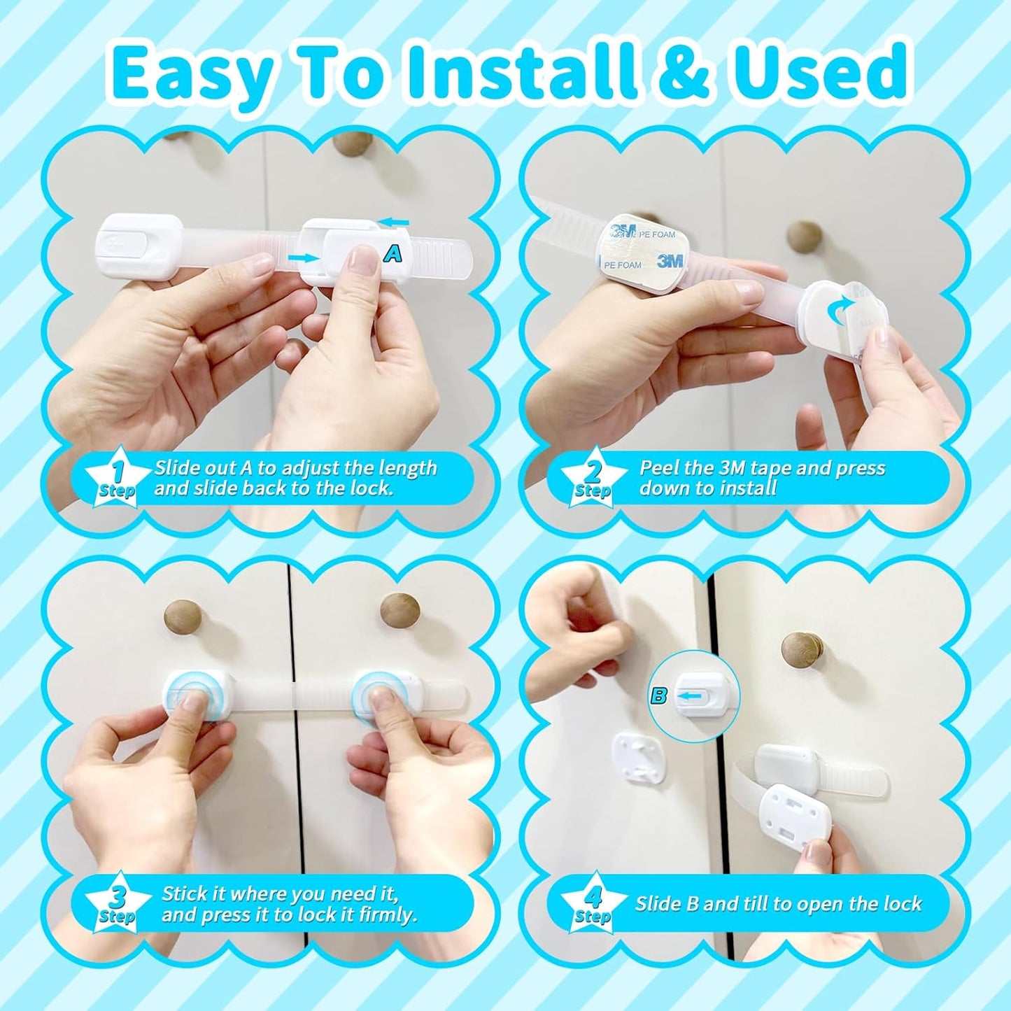 Child Safety Cabinet Locks(10 Pack)-Adjustable Baby Proofing Latches with Strong 3M Adhesive，No Drilling Child Proof Straps Locks for Drawers,Ovens,Doors,Toilet Seats，Fridge,- Easy Installation,