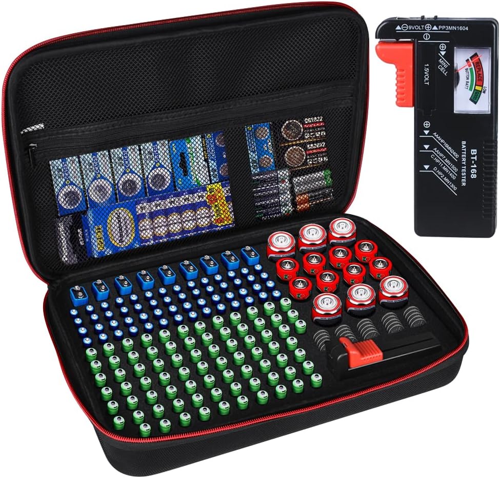 Battery Organizer Storage Box with Tester, Battery Vault Case Fireproof Waterproof Explosionproof Holder Box with Tester BT-168 Checker Carrying Case Container Bag Fit for 200+ Batteries AA AAA C D 9V