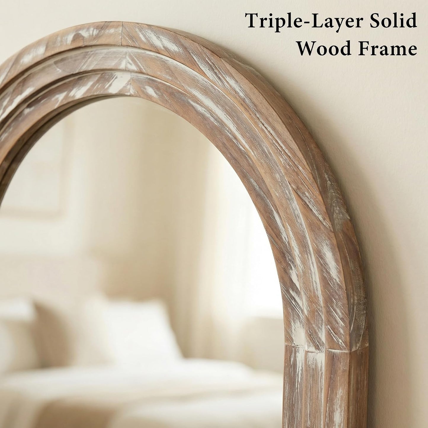 Arched Wood Floor Mirror with Stand, 63" x 21" Rustic Walnut Triple-Layer Solid Wood Frame Full Length Body Mirror, Shatterproof Tempered Glass, Wall Mounted or Leaning for Bedroom Entryway