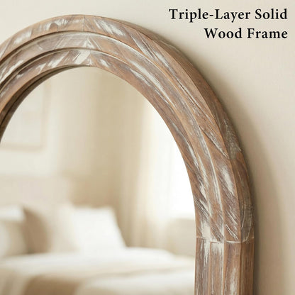 Arched Wood Floor Mirror with Stand, 63" x 21" Rustic Walnut Triple-Layer Solid Wood Frame Full Length Body Mirror, Shatterproof Tempered Glass, Wall Mounted or Leaning for Bedroom Entryway