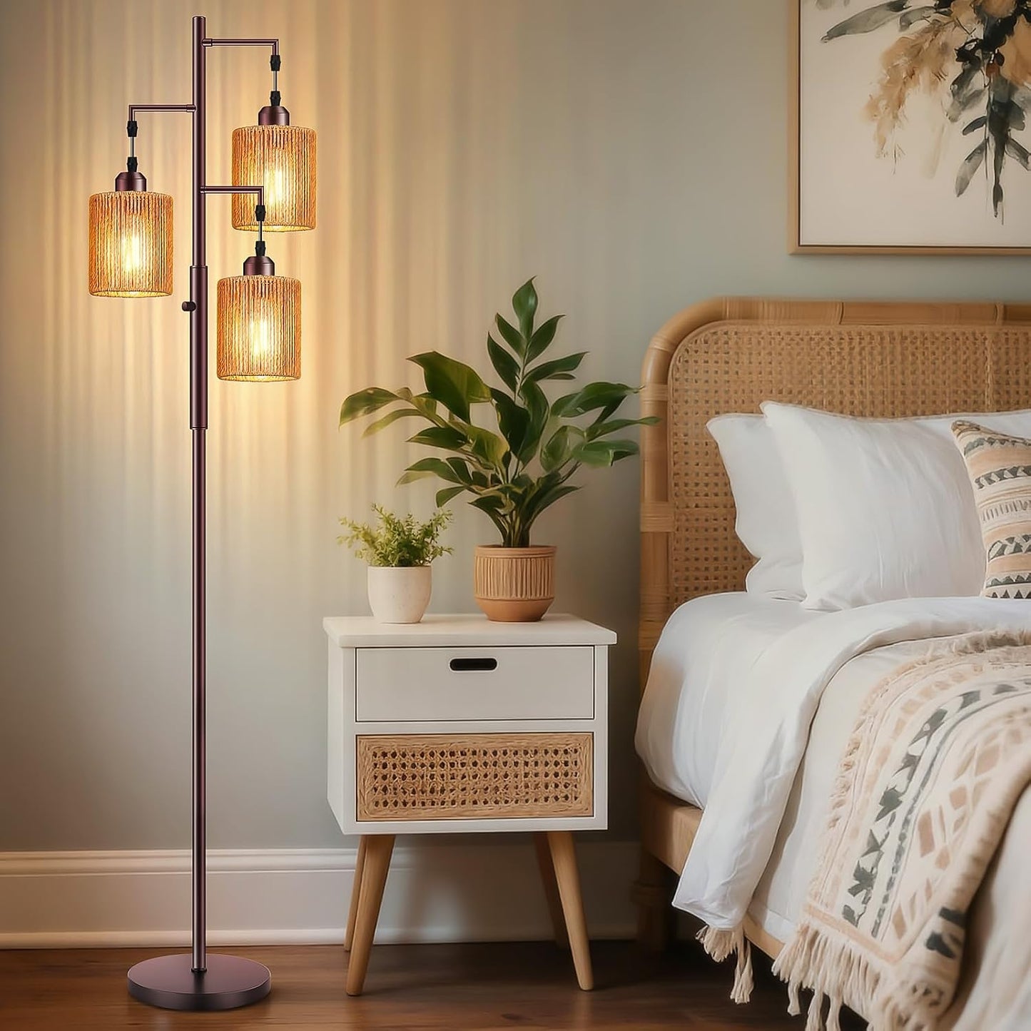 Hotsonic 72" Tall Boho Rattan Style Floor Lamp with Hand-Woven Paper Cord Shade, Dimmable Industrial Tree Standing Lamp for Living Room, Bedroom, Study Room, Office (3 x 800LM Bulbs Included) - Black