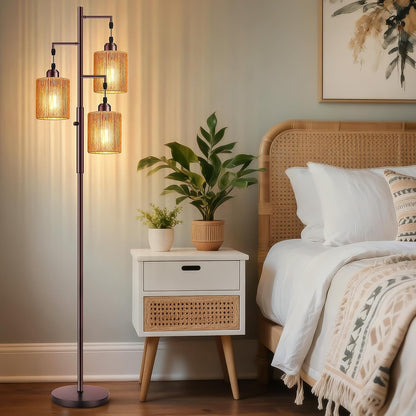 Hotsonic 72" Tall Boho Rattan Style Floor Lamp with Hand-Woven Paper Cord Shade, Dimmable Industrial Tree Standing Lamp for Living Room, Bedroom, Study Room, Office (3 x 800LM Bulbs Included) - Black