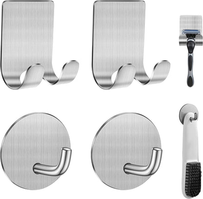 Diesisa Razor Holder for Shower + Adhesive Wall Hooks, Premium 304 Stainless Steel Shower Razor Holder with Heavy Duty Waterproof Sticky Hooks for Hanging Towels, Coat, hat (2+2 Pack)