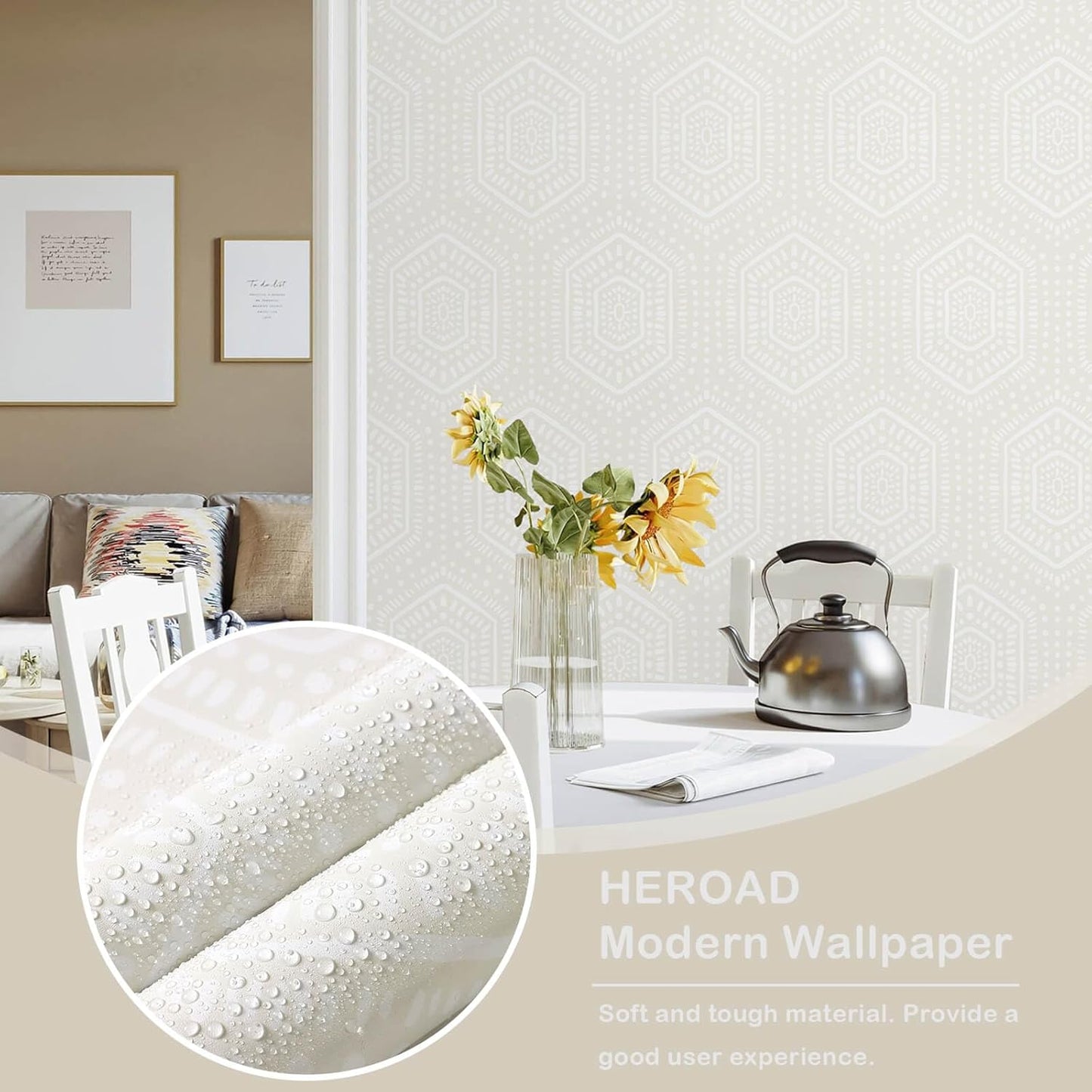 Heroad Boho Peel and Stick Wallpaper Beige Renter Friendly Wall Paper Peel and Stick Modern Contact Paper Neutral Geometric Wallpaper for Bedroom Bathroom Cabinets Decor Vinyl Waterproof 17.3"x78.7"