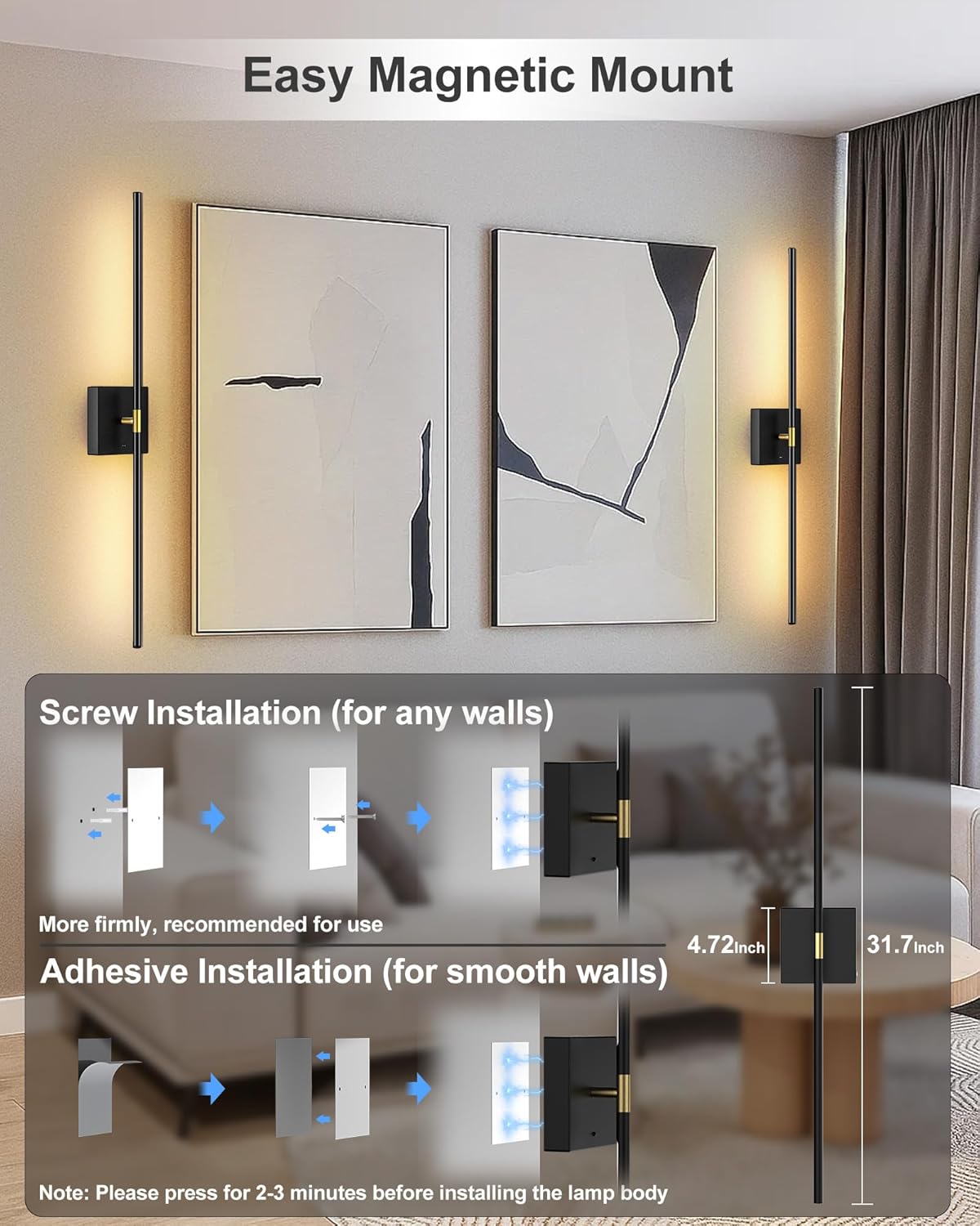 iThird Battery Operated Wall Sconce Set of 2: Rechargeable Wall Lights Wireless Sconces with Touch and Remote, 360° Rotate Magnetic Wall Scone Lighting Decor for Bedroom Living Room Hallway, 31.7Inch
