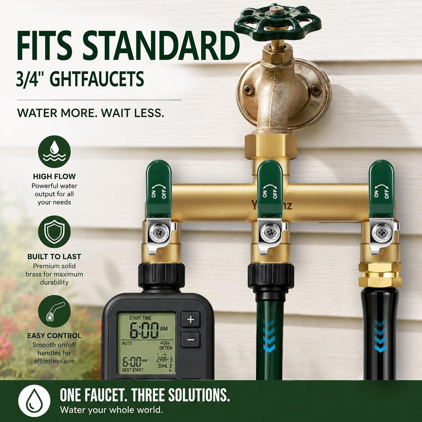 Garden Hose Splitter 3-Way, Heavy Duty Brass Hose Splitter | Outdoor Water Spigot Splitter, Full Flow, Long Handles, Shut-off Valves, Wide Spacing Fit Large Timer