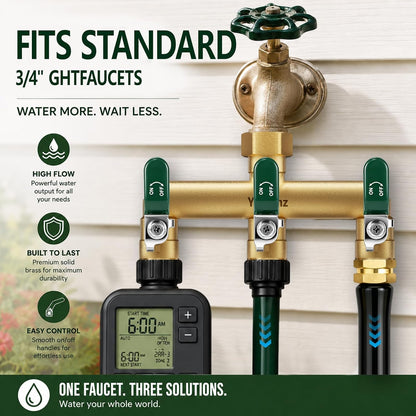 Garden Hose Splitter 3-Way, Heavy Duty Brass Hose Splitter | Outdoor Water Spigot Splitter, Full Flow, Long Handles, Shut-off Valves, Wide Spacing Fit Large Timer
