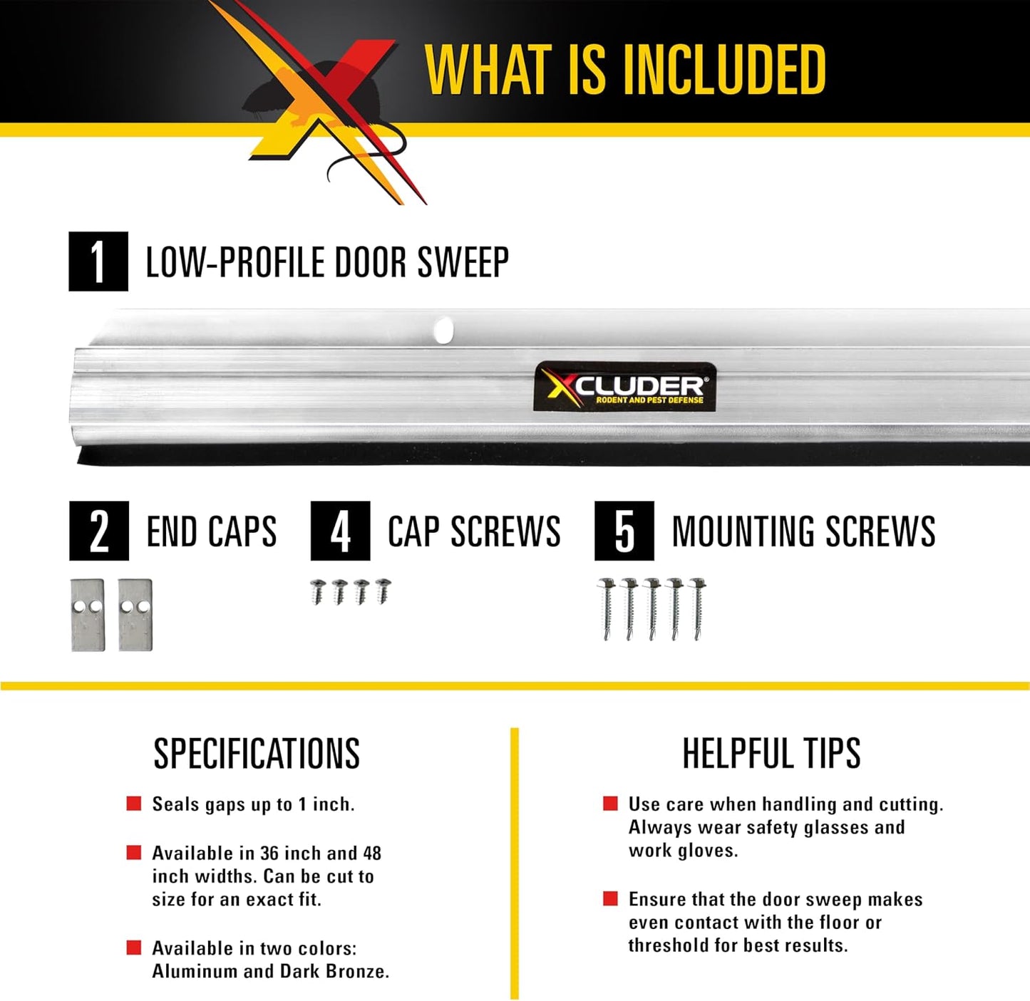 Xcluder 36 Low-Profile Door Sweep, Aluminum, Seals Out Rodents & Pests, Enhanced Weather Sealing, Easy to Install; Door Seal Rodent Guard; Rodent Proof Door Sweep