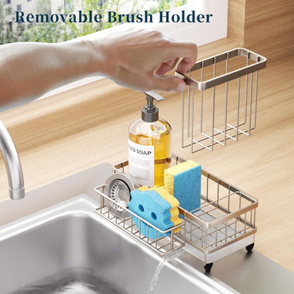 Consumest Sponge Holder for Kitchen Sink - Auto Draining Sink Caddy Organizer with Detachable Rack, High Brush Holder, Kitchen Countertop Storage Accessories, Black