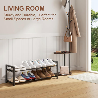 2 Tier Shoe Rack - Expandable Shoe Organizer for Closet, Adjustable Metal Shoe Shelf Storage, Stackable Long Shoe Stand Holder for Garage, Entryway, Door Entrance
