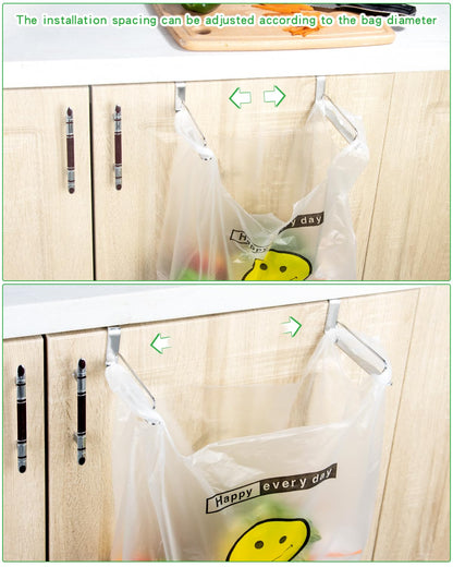 YQh Stainless Steel Cabinet Door Trash Bag Holder for Kitchen Cabinet Door and Drawer, Cabinet Door Hook Adjustable Spacing, Suitable for Plastic Bags with Handles Food Bags