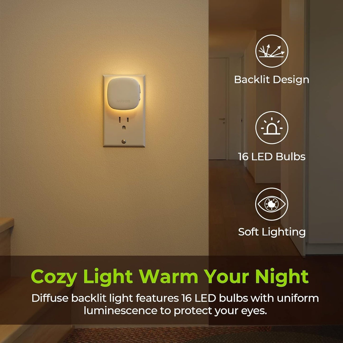 AUVON Plug-in LED Backlit Night Light with Motion Sensor & Dusk to Dawn Sensor, Dimmable Cool White Nightlight with 1-50 lm Adjustable Brightness for Bedroom, Bathroom, Stairs, Hallway (4 Pack)