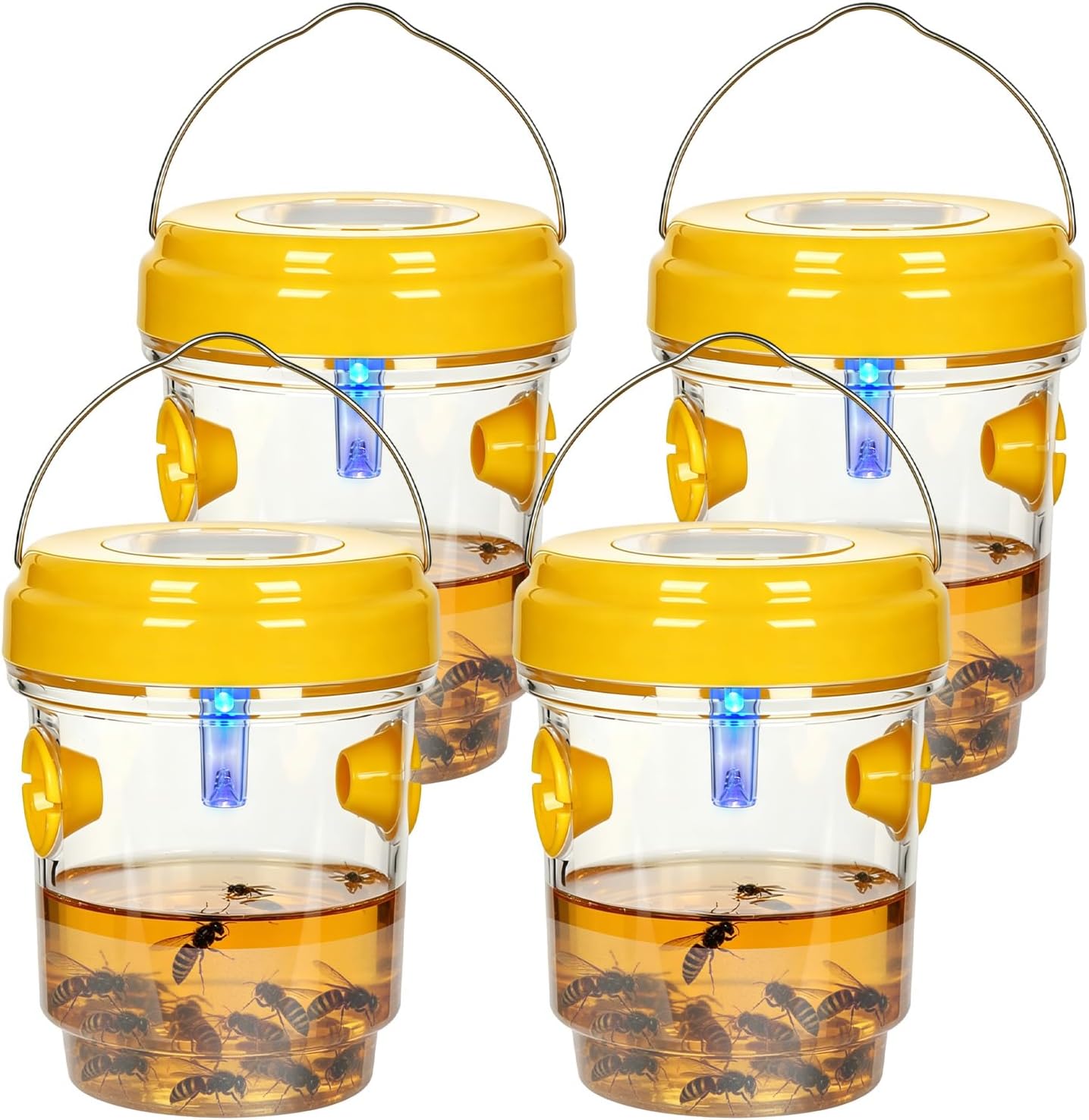 4 Pack Solar Wasp Traps Day & Night, 8-Hour All-Night Battery Life, Reusable Collector for Wasps, Hornets, Yellow Jackets, Insects, with LED Light for Patio Porch Garden Backyard (Bait NOT Included)