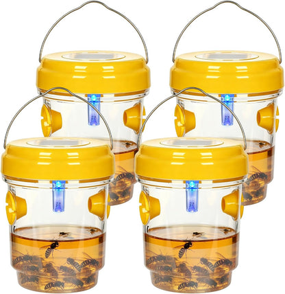 4 Pack Solar Wasp Traps Day & Night, 8-Hour All-Night Battery Life, Reusable Collector for Wasps, Hornets, Yellow Jackets, Insects, with LED Light for Patio Porch Garden Backyard (Bait NOT Included)