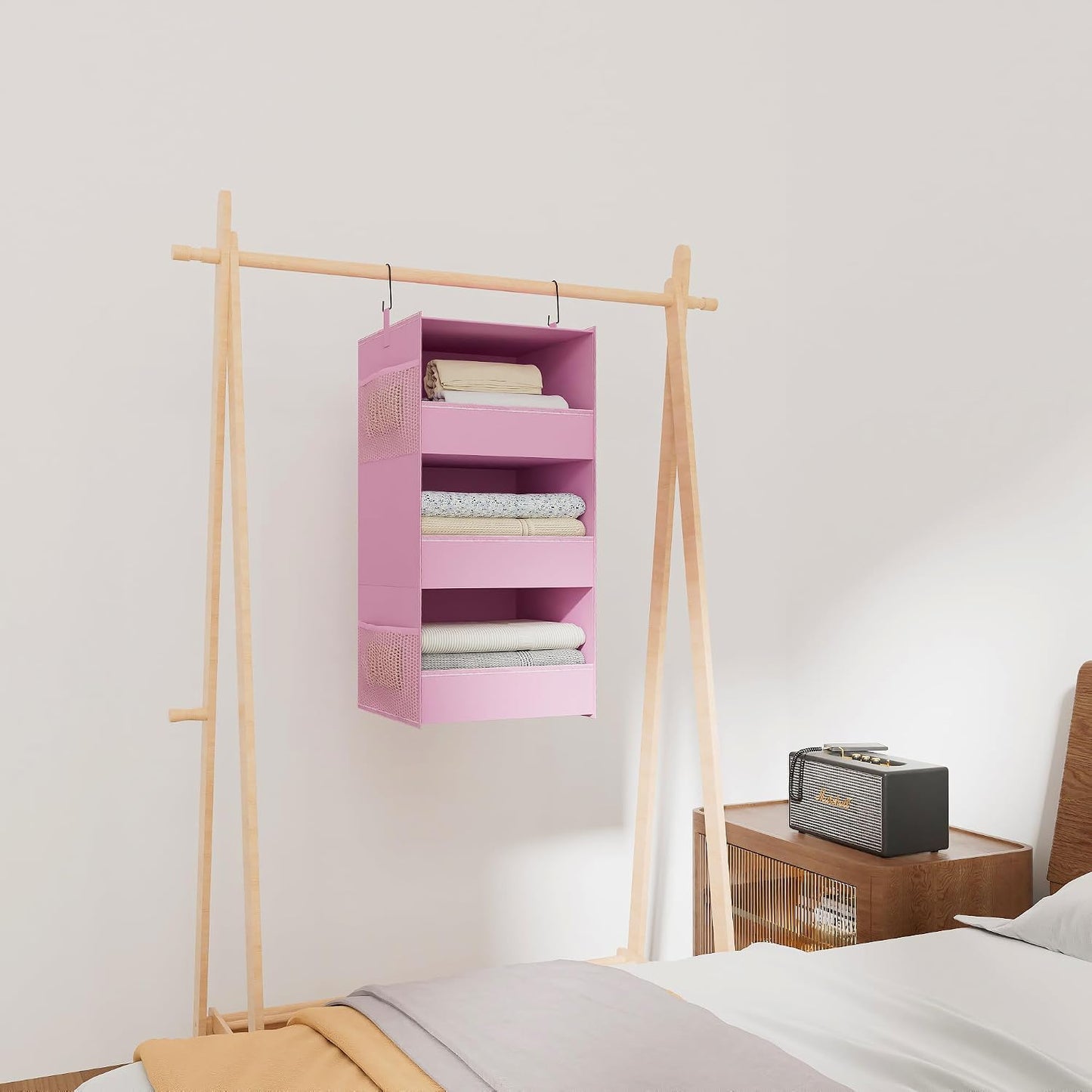 3-Shelf Hanging Closet Organizer, Washable Foldable Storage, Dark Gray | Front lip keeps items secure; side pockets add room; Oxford fabric handles towels, shirts, baby items, dorms, RVs or travel.