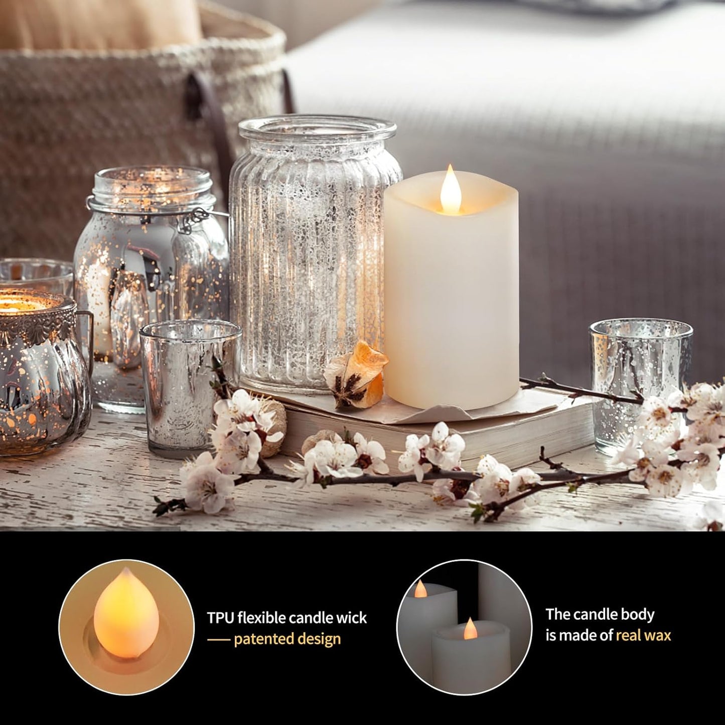 3x3 Flickering Flameless Candles Set of 2, 2AA Battery Life 600 Hours Battery Candles Flickering with Timer,3 inch Flameless Candles with Remote for Indoor/Outdoor, Ivory