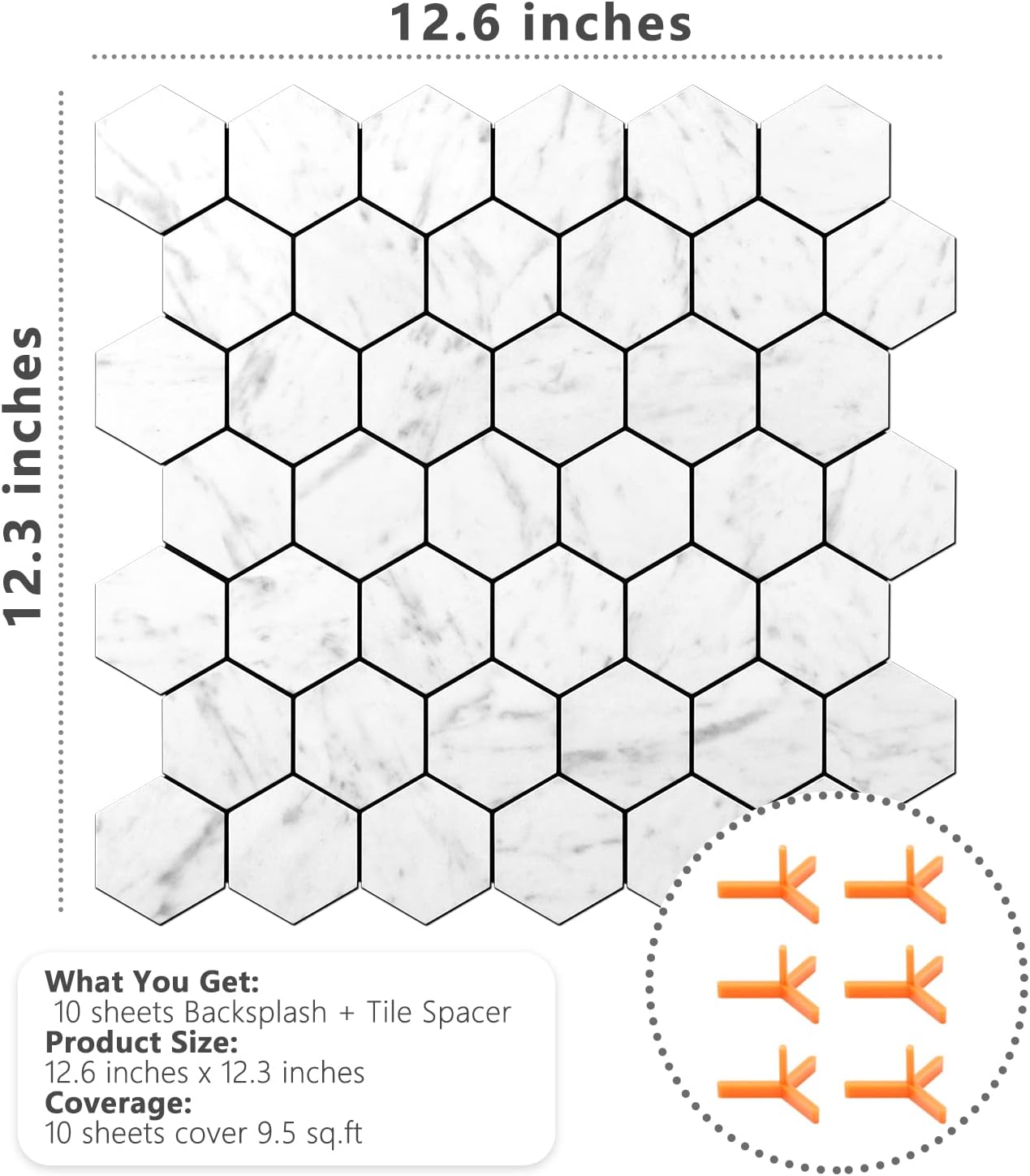 STICKGOO Peel and Stick Backsplash for Kitchen, Self-Adhesive Tile Hexagon Mosaic Tiles (10 Sheets, White Marble with Metal Gold )