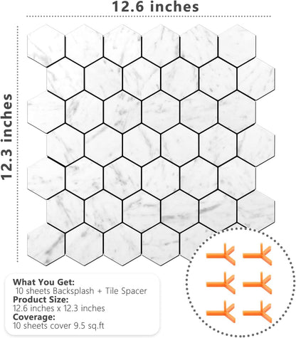 STICKGOO Peel and Stick Backsplash for Kitchen, Self-Adhesive Tile Hexagon Mosaic Tiles (10 Sheets, White Marble with Metal Gold )