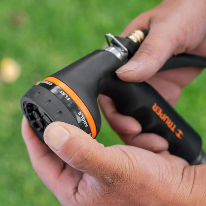 Truper 8-Pattern Metal Hose Spray Nozzle, Heavy-Duty Coated Metal Body with Comfort Grip Handle, Continuous Flow Locking Clip Gardening and Cleaning Wand (Model 18477 / PR-208)