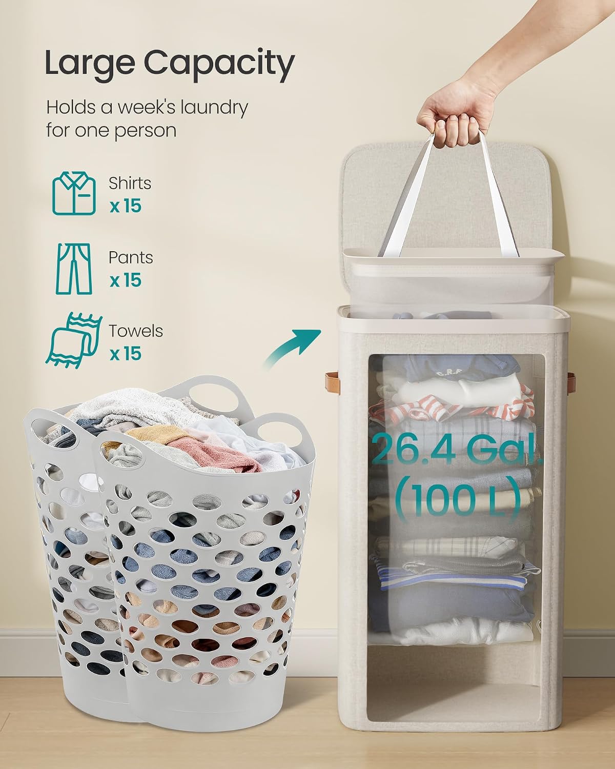 SONGMICS Laundry Basket, 50.2 Gal. Laundry Hamper, 3 Compartments, Easy Assembly, with Lid and Handles, Removable Liners, 25.2 x 15.7 x 29.5 Inches, Cappuccino Beige ULCB814LH01