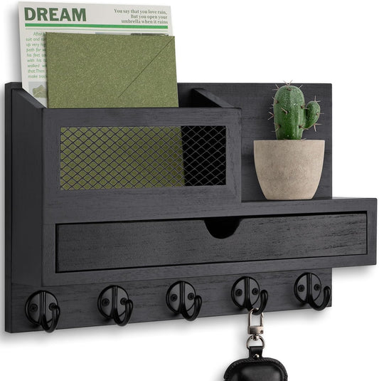 Key Holder Wall Mount, Key Holder for Wall with 5 Key Hooks and Storage Drawer Mail Organizer for Entryway Living Room Farmhouse Home Decor