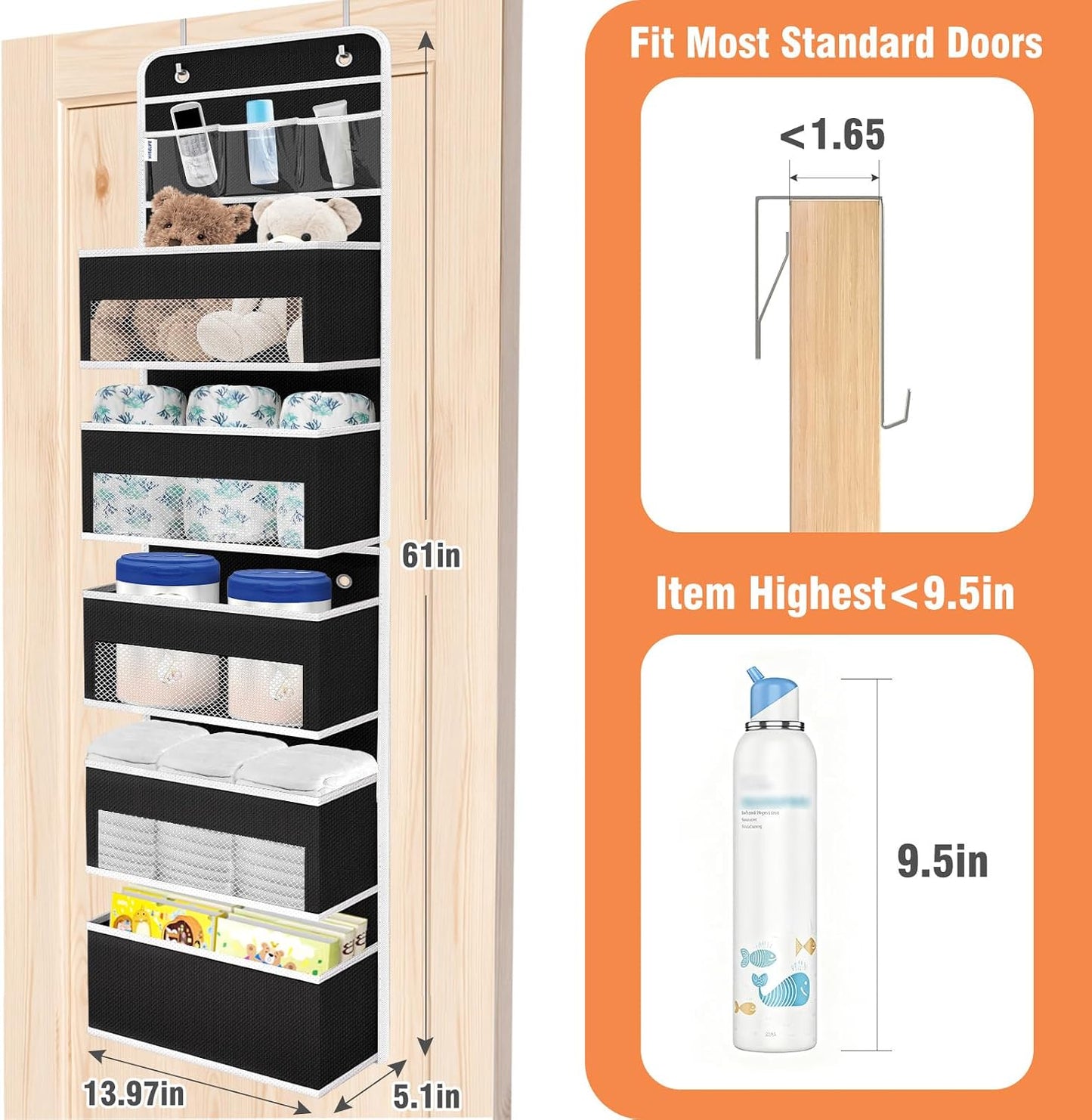 WISELIFE Over The Door Organizer Storage 4 Shelves Large Capacity Hanging Bedroom Storage Solution with 6 Side Pockets for Dorm Bathroom Pantry Nursery and Baby Essentials Holds up to 40 Lbs (Black)