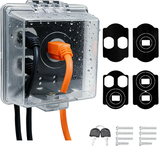 2-Gang Universal Weatherproof Electrical Outlet Cover with Lock,Baby Proof Outlet Lock Box,Fits Most 2.6 "H x 2.56 "W or Smaller Plugs,Clear Outlet Waterproof Cover Box for Outdoor In-Use