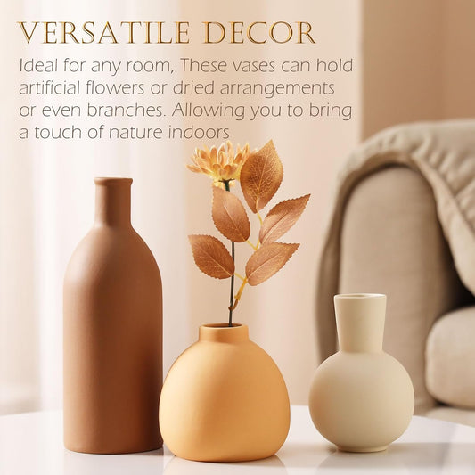 Joeabor Ceramic Vase Set of 3 - Handcrafted Ceramic Vases for Home Decor & Shelf - Modern Farmhouse Decor for Kitchen, Office, Bedroom & Living Room Decorative Objects for Mantel, Table Centerpieces