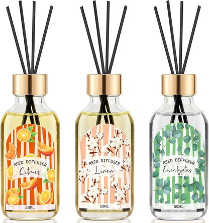 Reed Diffuser Set of 3 Pack, Linen Vanilla Citrus Scented Oil Diffuser with 15 Sticks, Reed Diffusers for Home, Bathroom Air Freshener, 1.7 Fl.oz Each, Total 5.1 Oz