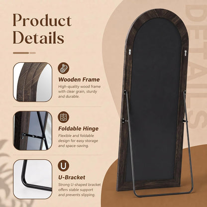 XRAMFY Full Length Mirror 65" x 22", Arched Large Floor Mirror with Solid Wood Frame, Freestanding & Wall Mounted, Antique Brown Finish for Bedroom Living Room