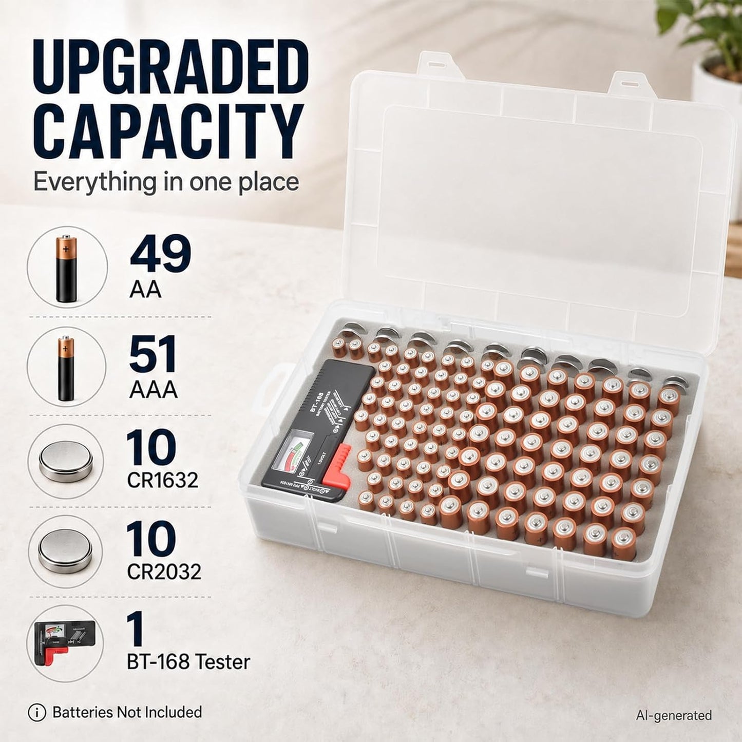 Xuerdon Battery Organizer Case with BT168 Tester 120+ Batteries Storage Box | Clear Plastic Battery Box Holds 49AA 51AAA 10CR2032 10CR1632 Batteries, Wall Mount Drawer Organizer Batteries not Included