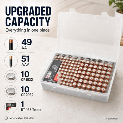Xuerdon Battery Organizer Case with BT168 Tester 120+ Batteries Storage Box | Clear Plastic Battery Box Holds 49AA 51AAA 10CR2032 10CR1632 Batteries, Wall Mount Drawer Organizer Batteries not Included
