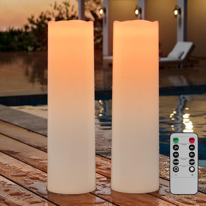 14"×4" Large Outdoor Flameless Candles with Remote Waterproof Battery Operated Candles with Timer LED Pillar Candles Flicking for Home Decoration Porch Wedding Fireplace Lantern, Ivory-Yellow 2Pcs
