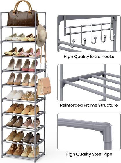 Narrow Shoe Rack 10 Tiers Tall Shoe Rack for Entryway Closet 20 24 Pairs Shoe & Boots Organizer Storage Shelf Durable Black Metal Stackable Shoe Cabinet with Hooks, 17.1D x 11.8W x 78.7H in