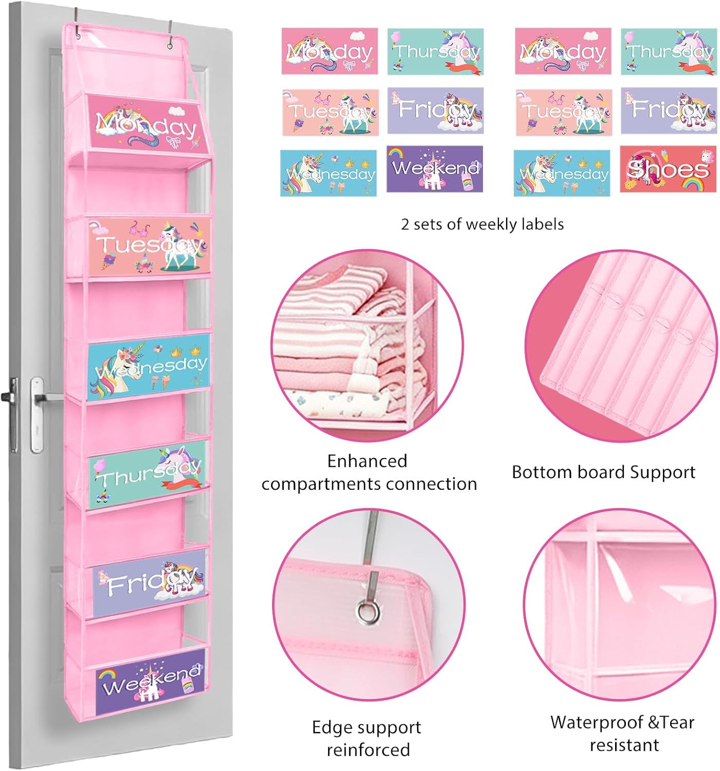 2 Pack Weekly Clothes Organizer for Kids, 6 Shelf Hanging Closet Organizer with Clear Window, Foldable Days of the Week Over the Door Outfit Organizer with Labels for Closet School