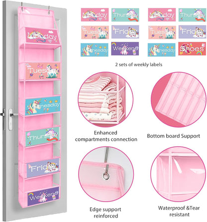2 Pack Weekly Clothes Organizer for Kids, 6 Shelf Hanging Closet Organizer with Clear Window, Foldable Days of the Week Over the Door Outfit Organizer with Labels for Closet School