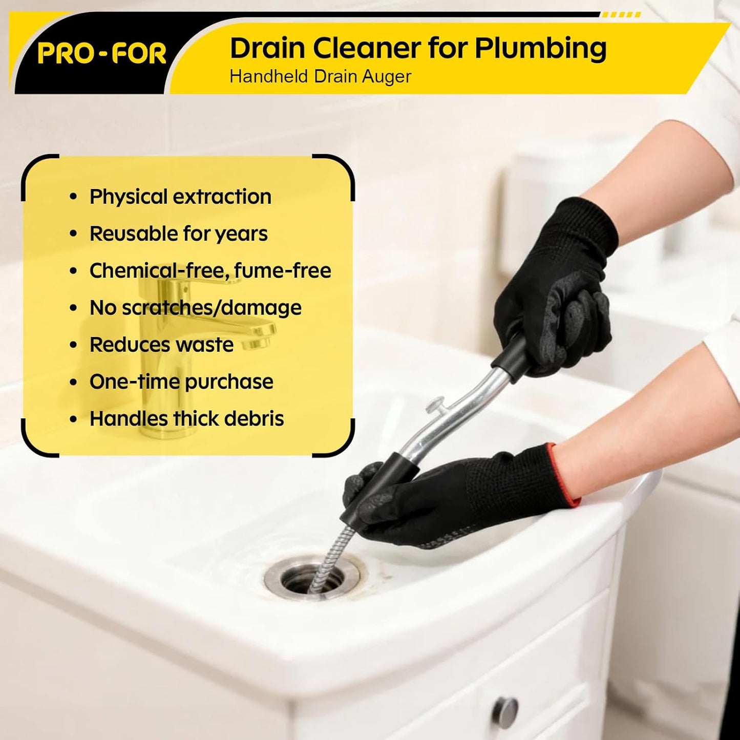 25FT Handheld Drain Auger, Heavy Duty Plumbing Snake for Clogged Drains, 3/8 Inch Diameter Manual Drain Cleaner for Sink, Bathtub, Shower & Kitchen Pipes
