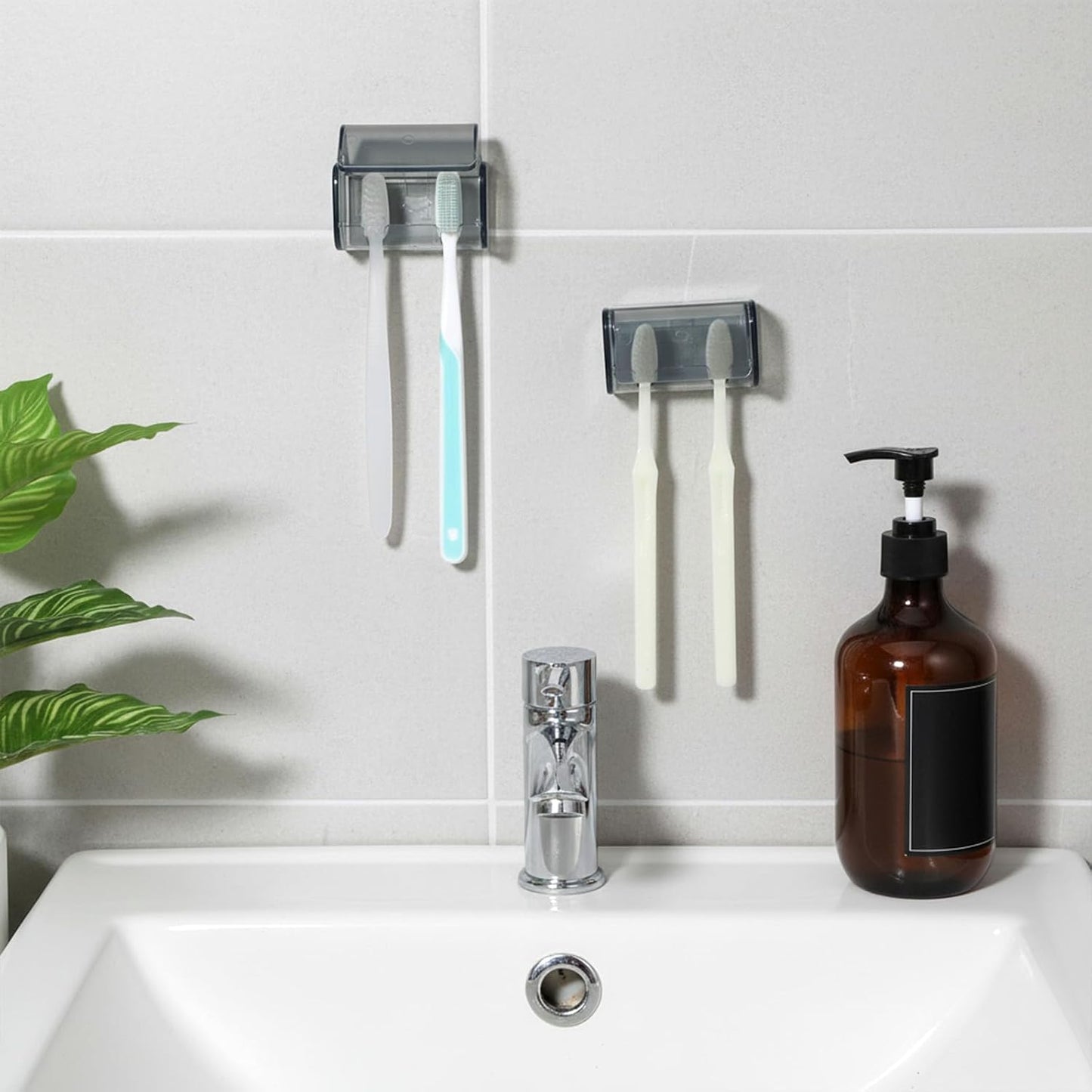 2 Pcs Toothbrush Holders Wall Mounted, Tooth Brush Holder with Cover, Electric Tooth Brushing Holder for Bathroom, 2 Slots Toothbrush Storage Organizer Suitable for Cabinet, Family, Travel