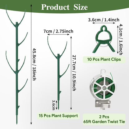 15 Packs Stackable Monstera Plant Support, 11 inch Plant Stakes with 131ft Garden Twist Tie & 10 Plant Clips for Indoor and Outdoor Plants Use Garden Trellis for Climbing and Potted Plants
