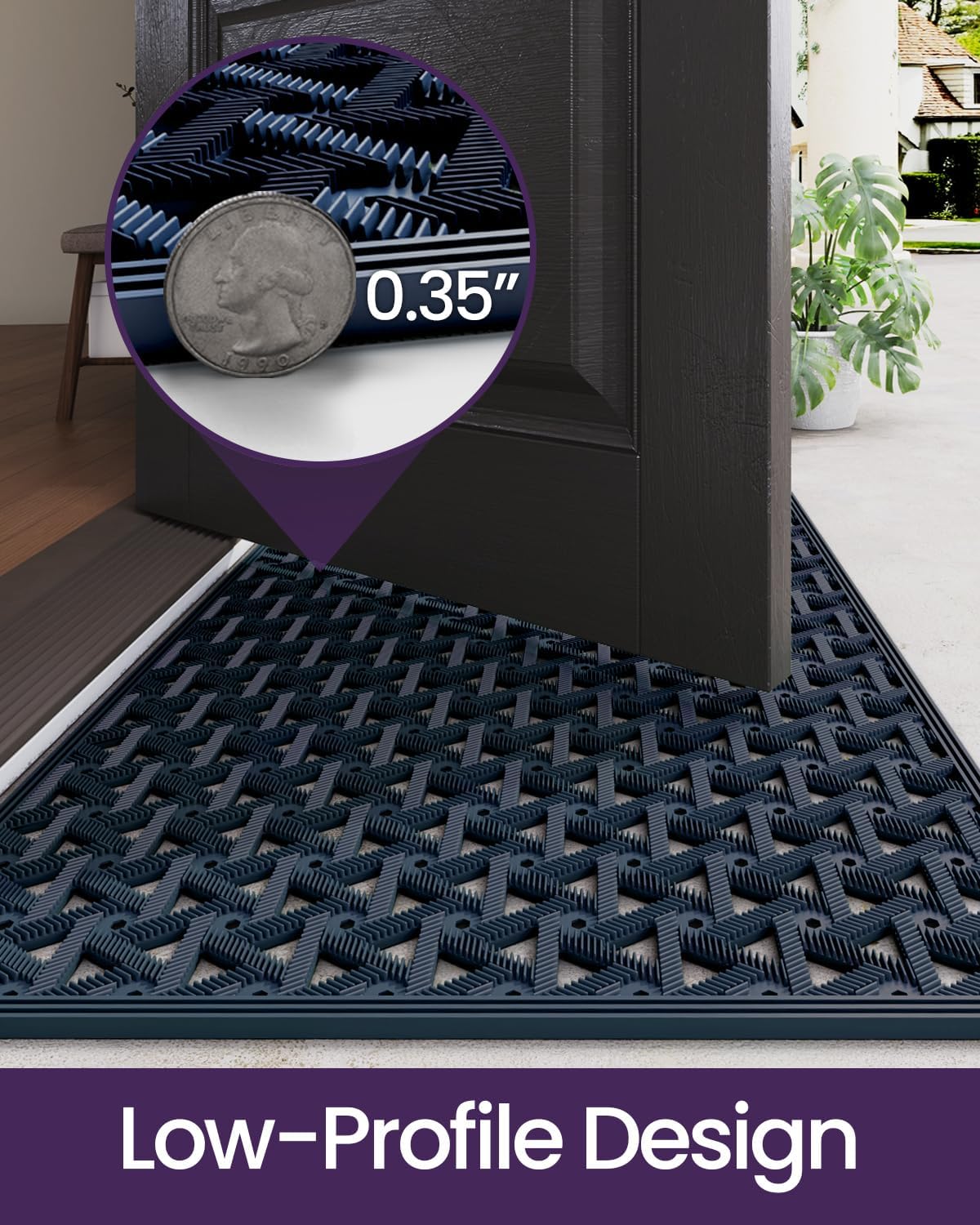 DEXI Front Door Mat Outside Entrance Rubber 19x30, Welcome Floor Doormat Heavy Duty Non Slip, Dirt Trapper Waterproof Exterior Entry Mats All Weather for Patio Entryway Drainage, Black