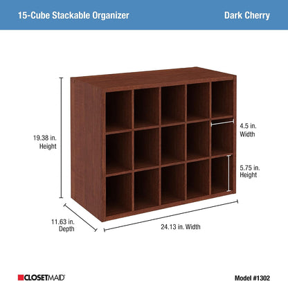 ClosetMaid 15 Cube Stackable Storage Organizer for Shoes, Bags, Crafts, Hobbies with Wood Shelves, for Closet, Entryway or Mudroom, Espresso