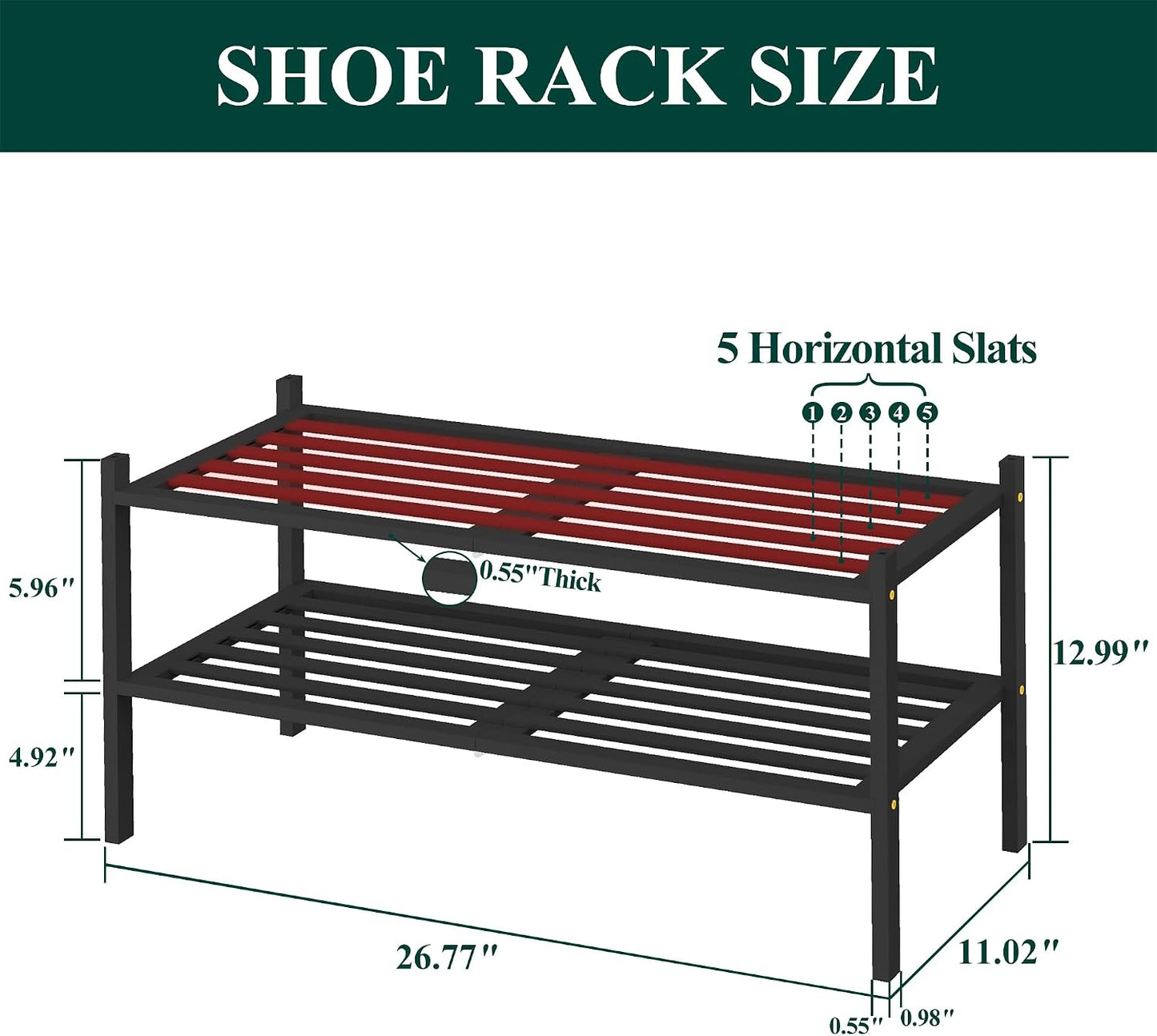 Smiry Bamboo Shoe Rack, 3 Tier Free Standing Wooden Shoe Organizer, Stackable Wood Shoe Storage Shelf for Closet, Entryway, 5 Horizontal Slats, 26.8"x11"x18.3", Natural