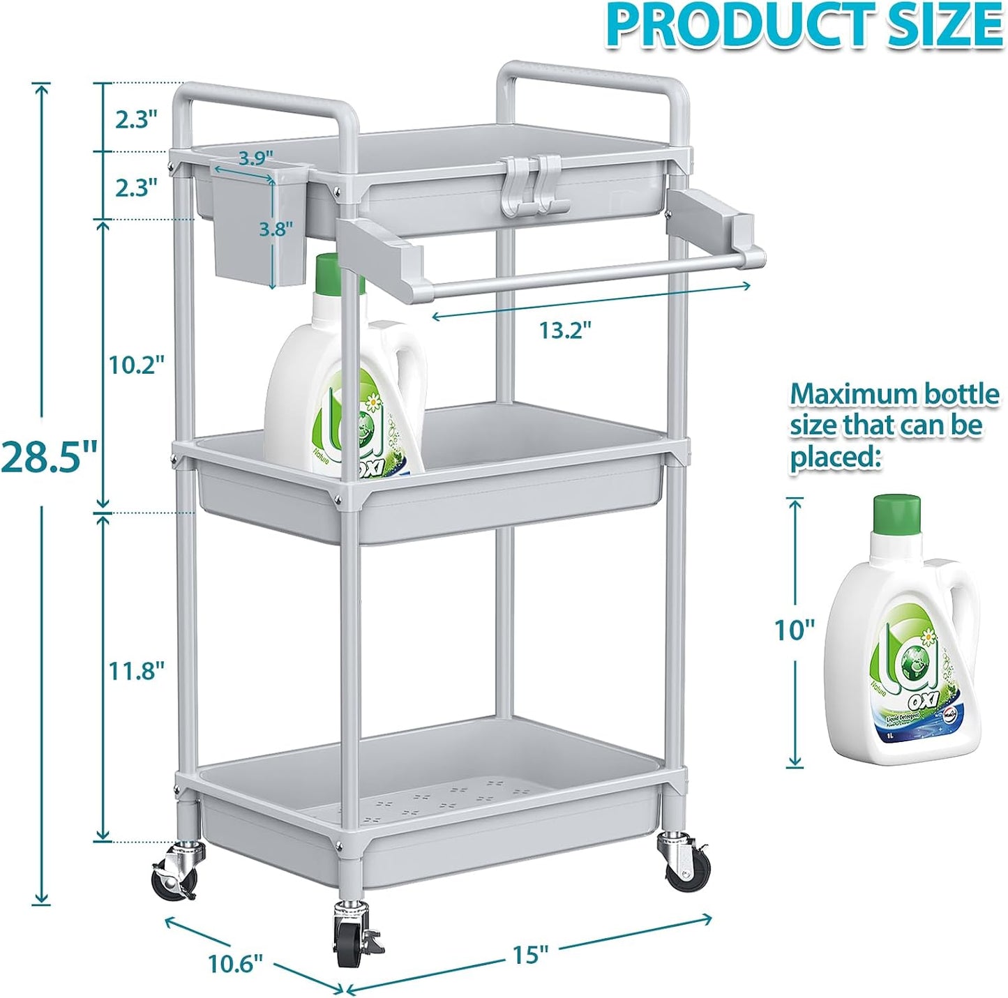 SPACEKEEPER Rolling Storage Cart, 4-Tier Bathroom Organizer Utility Cart Laundry Room Organization Mobile Shelving Unit with Towel Rack, Lockable Wheel, Hooks & Cup for Kitchen Bedroom Office, White